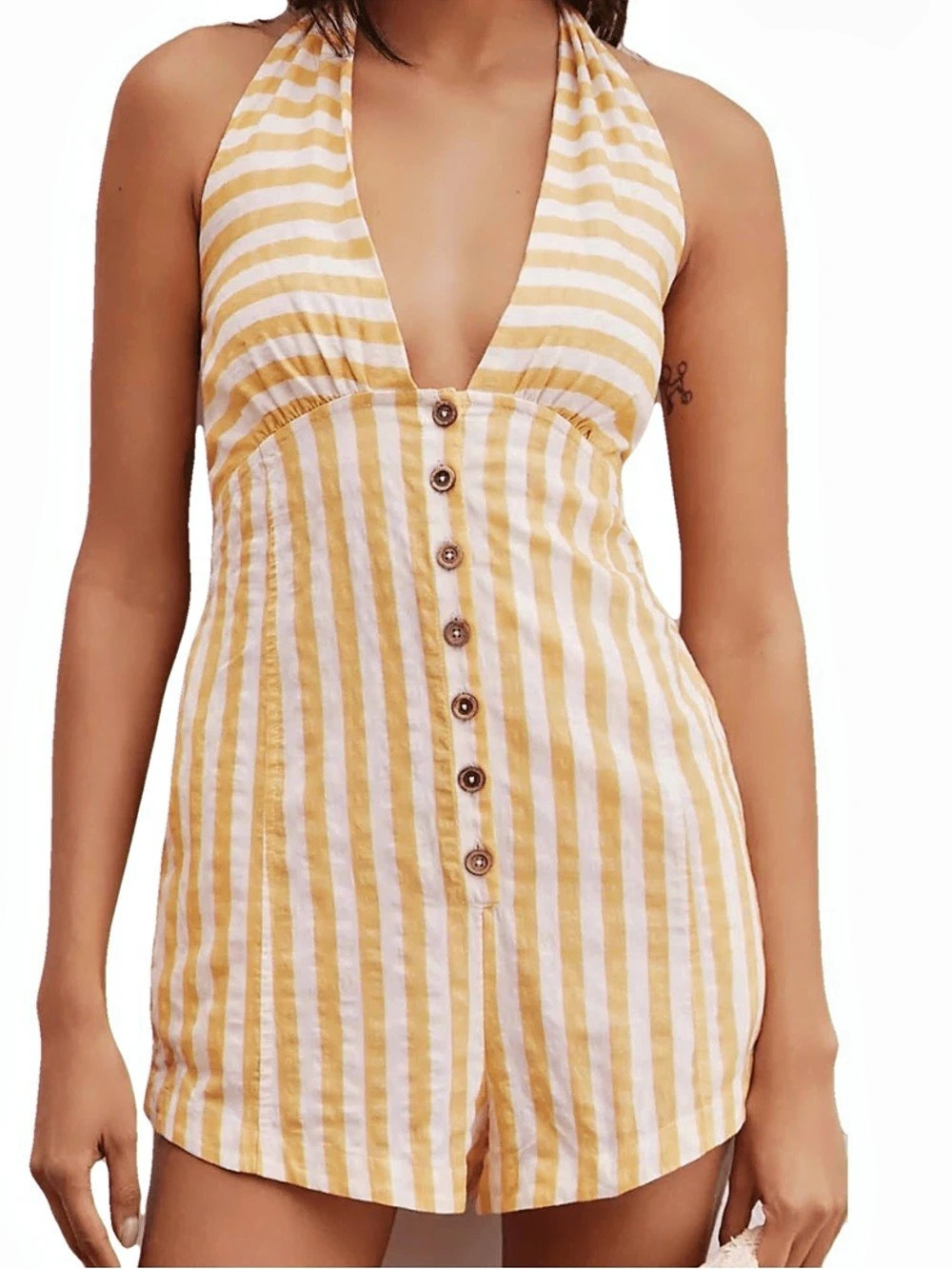 Striped Halter Romper in Yellow & White Like New
